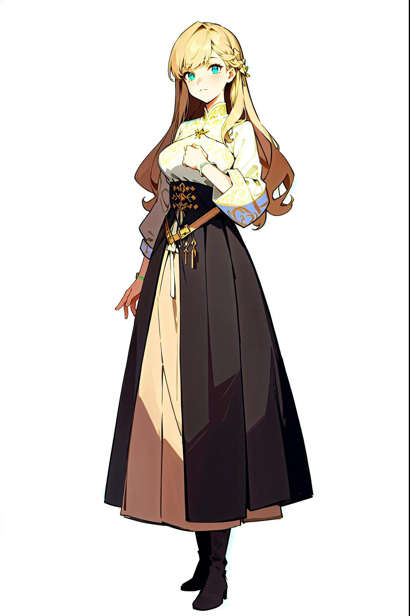 {{masterpiece}}, {{{best quality}}}, {{ultra-detailed}}, {{illustration}},{beautiful detailed},beautiful detailed glow, Best, {full body}, {{white background}}, beautiful face, long hair, One hand is placed in front of the chest, Long beige skirt, skirt length at ankles, black boots, white clothing