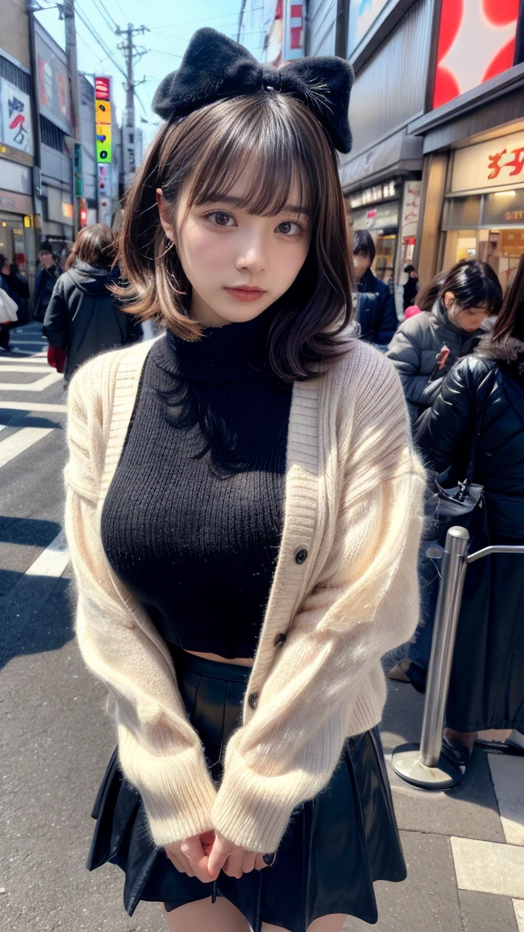 muste piece, best quality, illustration, Super detailed, fine details, High resolution, 8K,wall paper, perfect dynamic composition,(Details High quality, realistic depiction of eyes:1.3), short hair, (wavy hair:1.2), Gorgeous and stylish black fluffy latest trend Tokyo winter clothes, wool sweater, A-line skirt, Layered Cut, black hair color, Big Natural Color Lip, sexy pose, crying a little、cold gaze, Harajuku style、20 year old girl、cute type、ta, hposing Gravure Idol, full body photo、focus on crotch, huge breasts