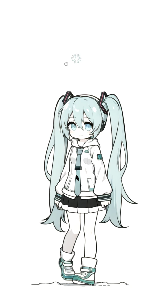 best quality, chibi, 1 girl,  miku, Hatsune Miku, (full body), Pure white background,Vivid,clearly,sad face,rain,Walking,snow