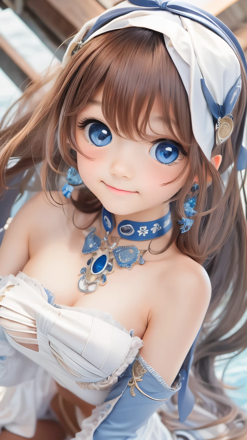detailed face, cute face,brown eye, ((highest quality)), ((masterpiece)), ((1 girl)), alone, ferry, ((long hair)), ferryBase, ((Thighhighs)), bare shoulders, ((jewelry)), ((No sleeve)), white dress, blue skirt, ((gloves)), thigh height,