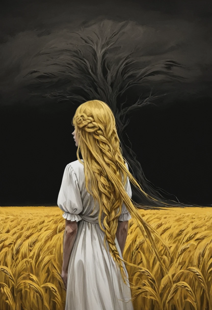 insanely dynamic illustration of boy, long hair, miquella, blonde hair, braid, solo, dress, very long hair, white dress, short sleeves, tree, outdoors, wheat, from behind, scenery, field, yellow theme, black tree, dead tree, black sky, night. best quality, high resolution. crazy artstyle, careless brushstrokes, emotional and fun, dark and unsettling dream showing boy, long hair, miquella, blonde hair, braid, solo, dress, very long hair, white dress, short sleeves, tree, outdoors, wheat, from behind, scenery, field, yellow theme, black tree, dead tree, black sky, night. best quality, high resolution. created by genius but depressed mad artist. grim beauty, boy, long hair, miquella, blonde hair, braid, solo, dress, very long hair, white dress, short sleeves, tree, outdoors, wheat, from behind, scenery, field, yellow theme, black tree, dead tree, black sky, night, sharp focus, highly detailed, cinematic composition, intricate, beautiful, stunning, breathtaking, scenic