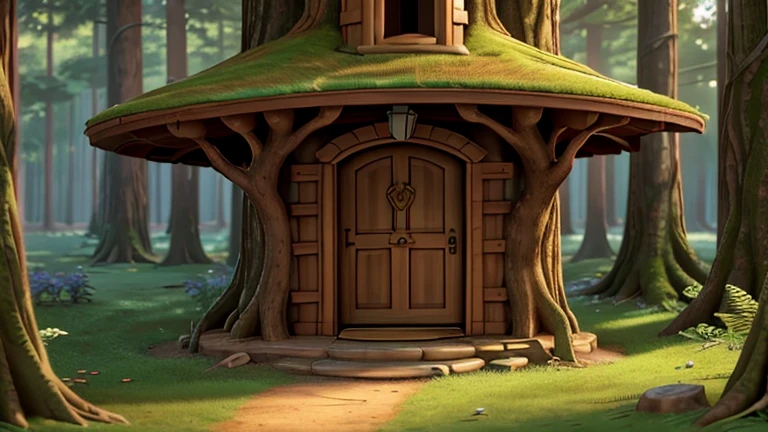 Imagine a majestic tree with a towering trunk and sprawling branches reaching towards the sky. On the trunk of the tree, there is a whimsically carved door, blending seamlessly into the bark. The door is adorned with intricate designs and surrounded by lush foliage. Sunlight filters through the leaves, casting a warm glow on the door and the surrounding forest floor. This enchanted treehouse portal serves as a gateway to adventure, beckoning curious explorers to step inside and discover the wonders that lie beyond.
