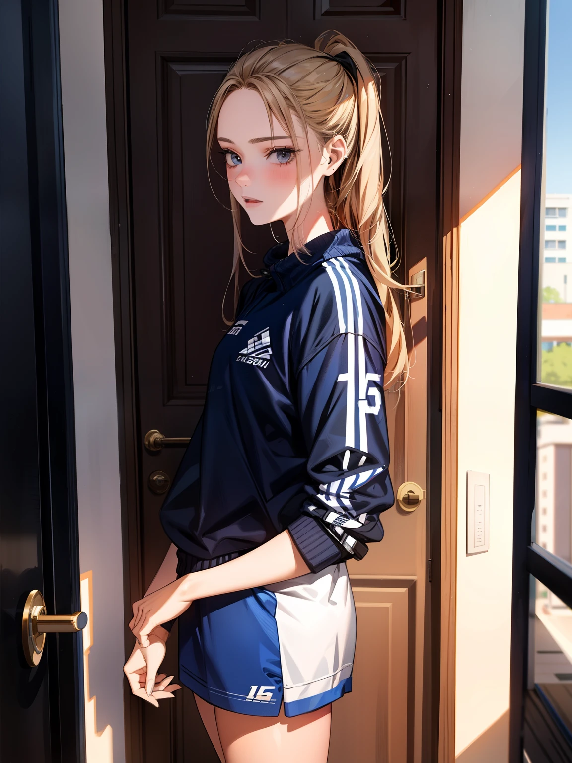 Australian sporty girl, (************), in the apartment, front door, slender, view from side, attractive expression, (masterpiece, best quality, extremely detailed, hyper realistic) 