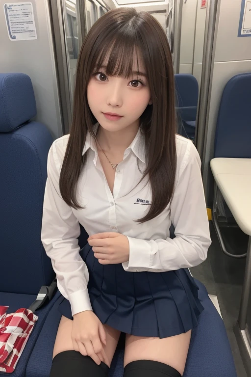 Tabletop, highest quality, One Girl,Showing off her white panties1.6squat (Beautiful girl, Cosplayers:1.3), (:1.2), Very fine grain definition, (Symmetrical eyes:1.3), (Beautiful views, Sit in a long seat on the train), (Low angle shot, From below, Front view:1.3), (school uniform, White shirt, mini skirt:1.3), Beautiful breasts, Brown eyes, Parted bangs, Brown Hair