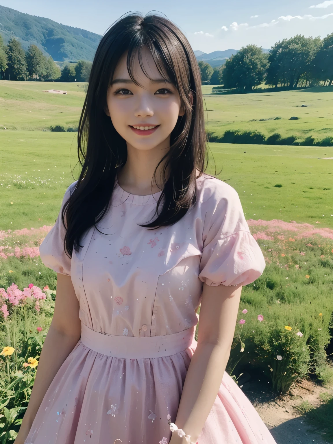 (ultra realistic), (best illustration), (increase resolution), (8K), (masterpiece), (wallpaper), solo, 1 girl, looking at viewers, black straight hair, pureerosfaceace_v1, happy smile, pink color dress, meadow