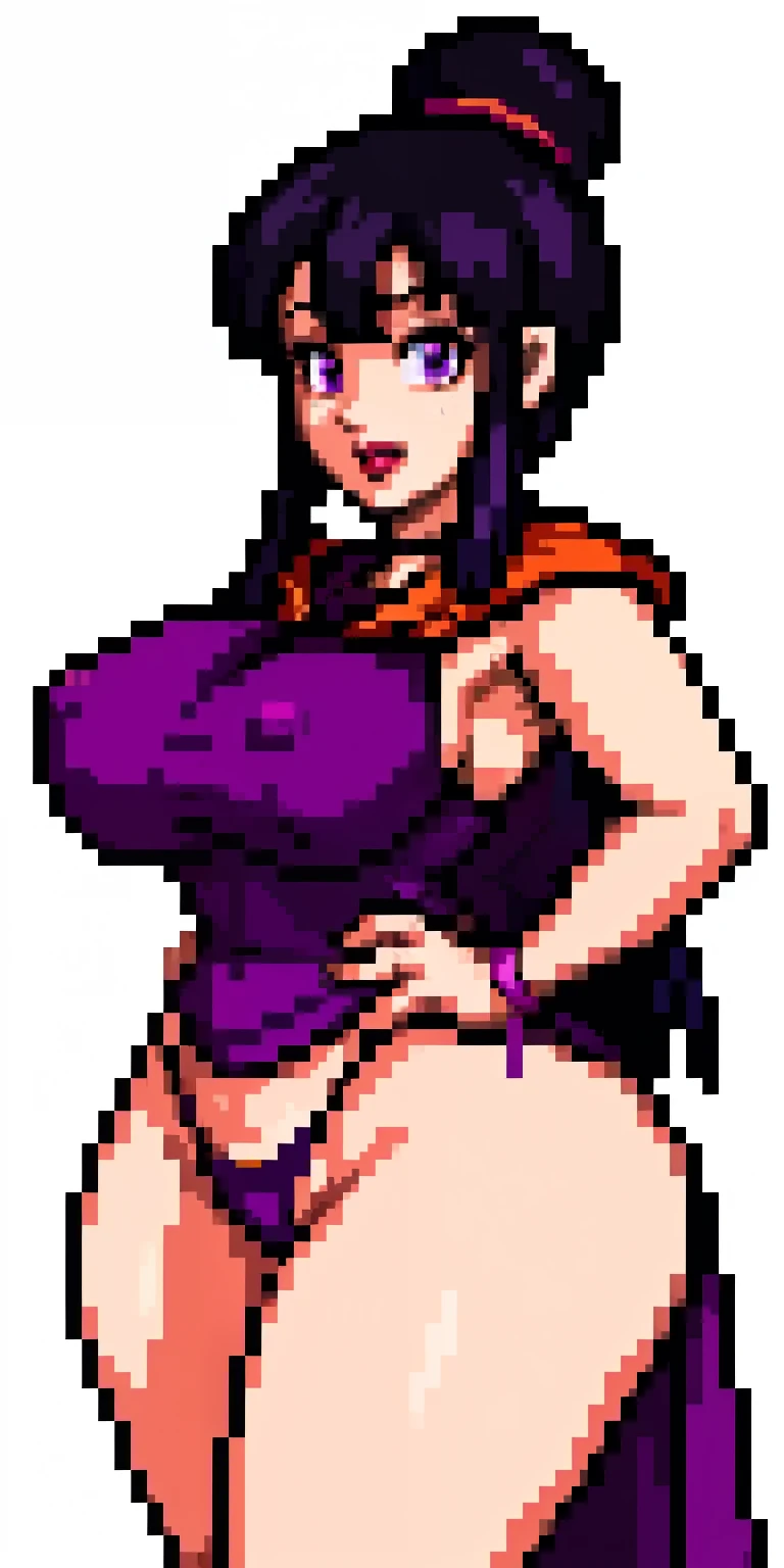 chichi_dbz, nsfw, pixelart, pixel art, red bimbo lips, beautiful eyes, purple eyes, standing, solo, large_breasts, Purple_Dress_Orange_Neckerchief, masterpiece, best quality, detailed face, detailed eyes, highres, big breasts, biggest behind, areola under dress, big ass, thick thighs, wide hips, tight thong, buttcrack showing ass, perfect body, perfect clothing,