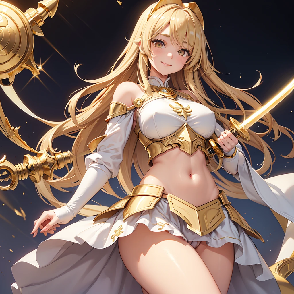 masterpiece、top-quality、(Blonde colored long hair、I have bangs:1.1)、(25 year old woman)、 (gold eyes:1.5)、(Big round eyes:1.5)、(Emphasis on the chest:0.5)、(modest smile expression:1.3)、(Staring:1.5)、(Close-up of the subject's face:0.5)、
golden knight armor、golden breastplate、golden helmet、golden shield、
five perfect and beautiful fingers、Bust Shot、
Alone、Open your mouth、Fearless smile、(middle Breasts:1.0)、(Glowing Skin:1.2)、(dynamic pose hand holding a sword gripping one Rapier in hand:1.3)、Uplifting、Have a rapier grip、midriff peek、Off the shoulder、(Camel toe)、