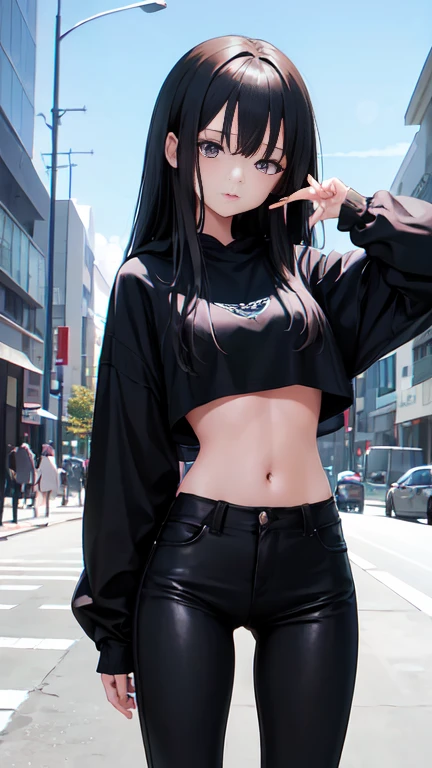 10years old girl, 1girl in, Young Girl, Anime style, skinny body, Anime young girl wearing crop top black hoodie, Skinny Jeans Pants,Black long hair, White eyes, Posed photos of her cute poses, Straight down the street of the tower, Anime Art Wallpapers, Detailed, 8K, High quality,very big tits、Beautiful、、