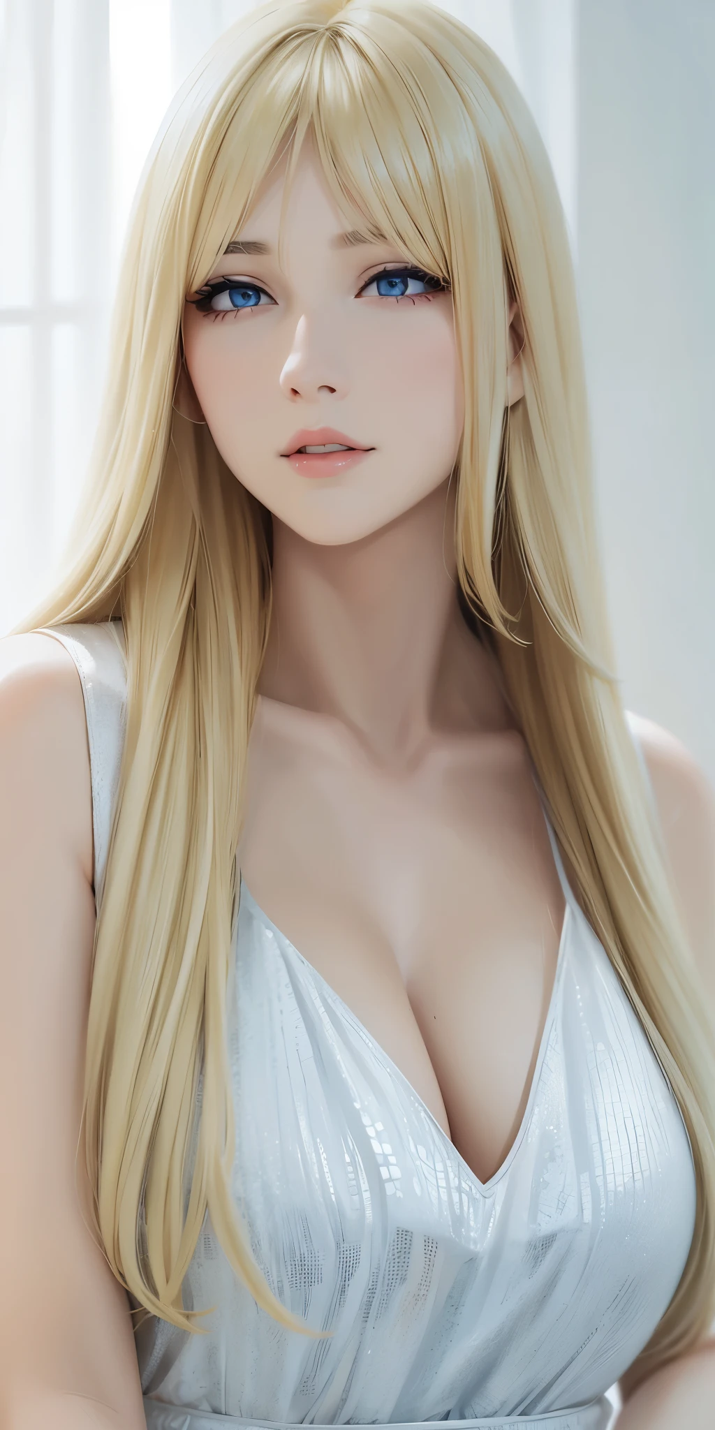 Gorgeous adult woman, blonde hair, long hair, bangs, tank top, cleavage, soft light, high quality, 4k resolution