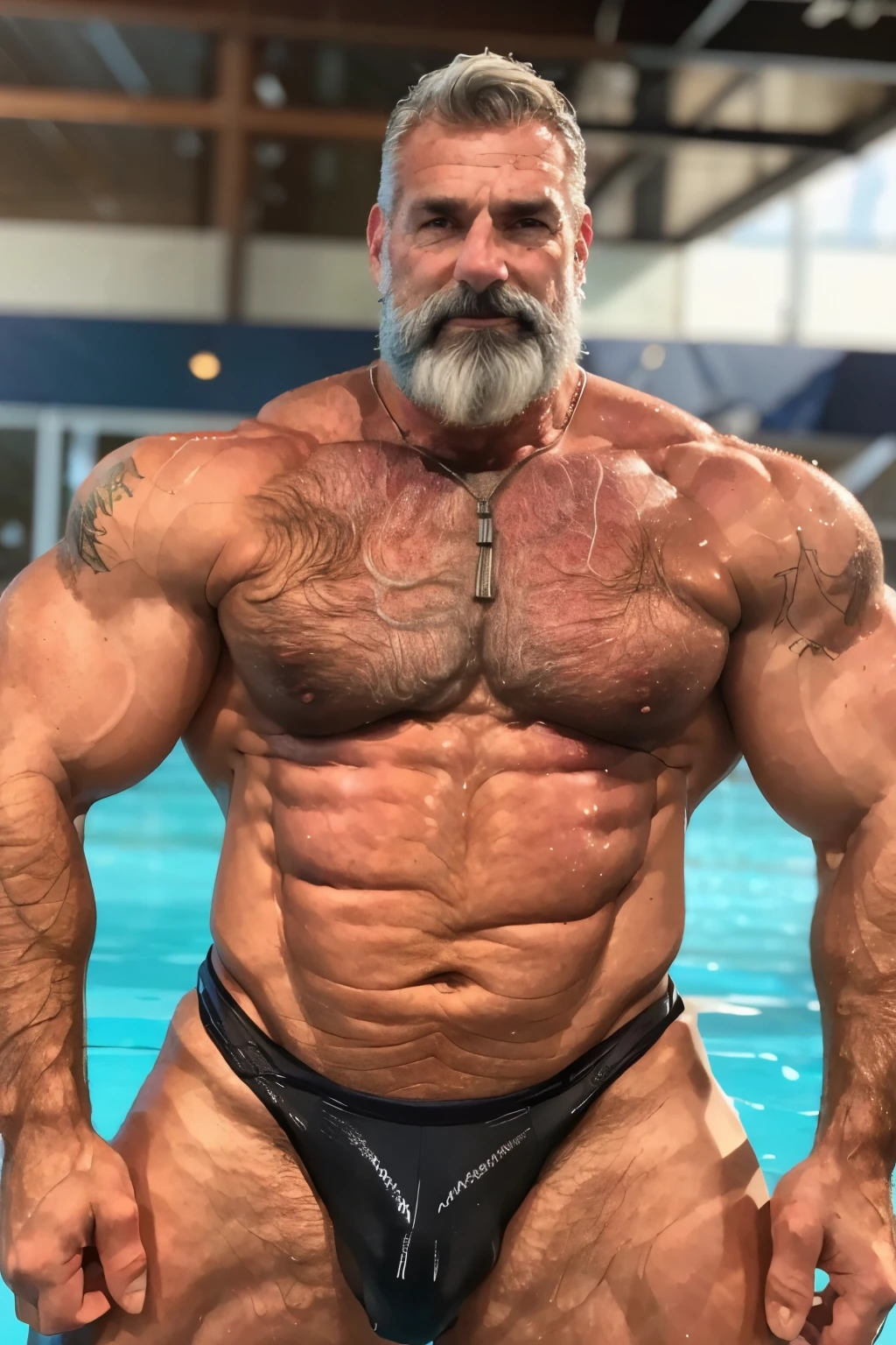 (handsome mature man), (50 yo), white man, wearing a speedo, wet speedo, wet dripping crotch, bulge, (beefy:1.3), beard, looking at viewer, beautiful man, detailed eyes, symmetric face, smirk, robust, greying hair, crotch in focus,