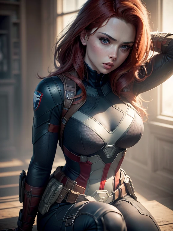 4k, best quality, (raw photo, best quality), (realistic, photorealistic photo: 1.3), best quality, Highly detailed, artwork, ultra detailed, illustration, Marvel cinematic universe, Marvel, Captain America + Widow's unique combination Black, Scarlett Johansson, Beautiful Natasha Romanova in blue and white Captain America costume without Captain America helmet, torso, high details on dress, best quality, extremely detailed 8k unified CG wallpaper, ink, Amazing, badass look, portrait, close up (skin texture), Intrinsically detailed, fine details, hyper-detailed.