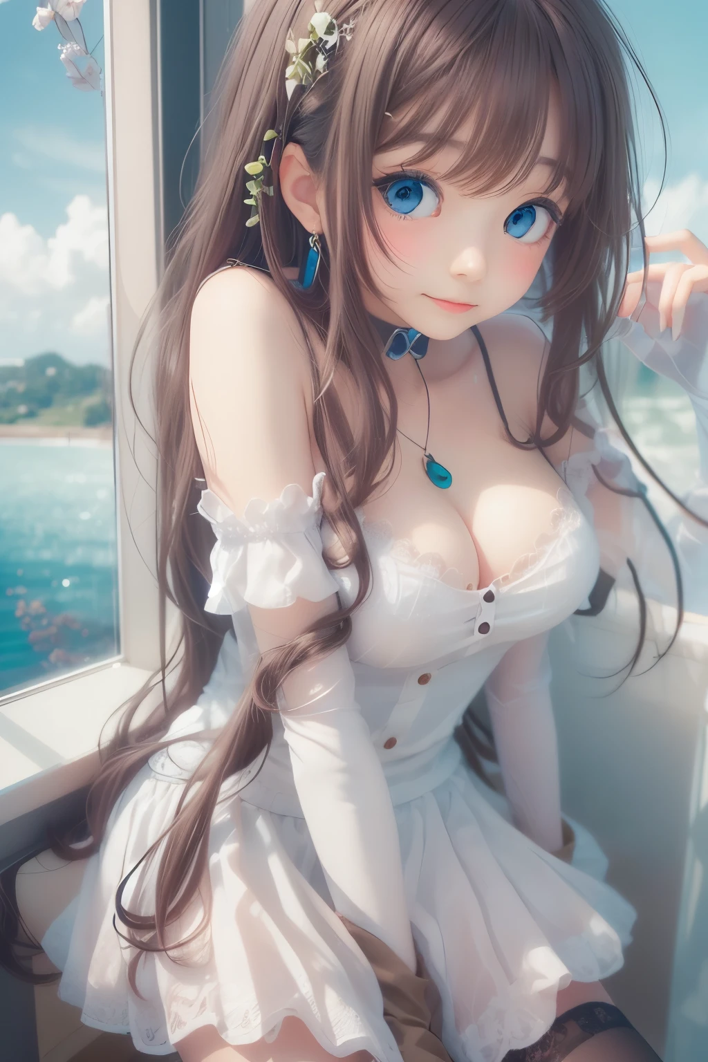detailed face, cute face,brown eye, ((highest quality)), ((masterpiece)), ((1 girl)), alone, ferry, ((long hair)), ferryBase, ((Thighhighs)), bare shoulders, ((jewelry)), ((No sleeve)), white dress, blue skirt, ((gloves)), thigh height,