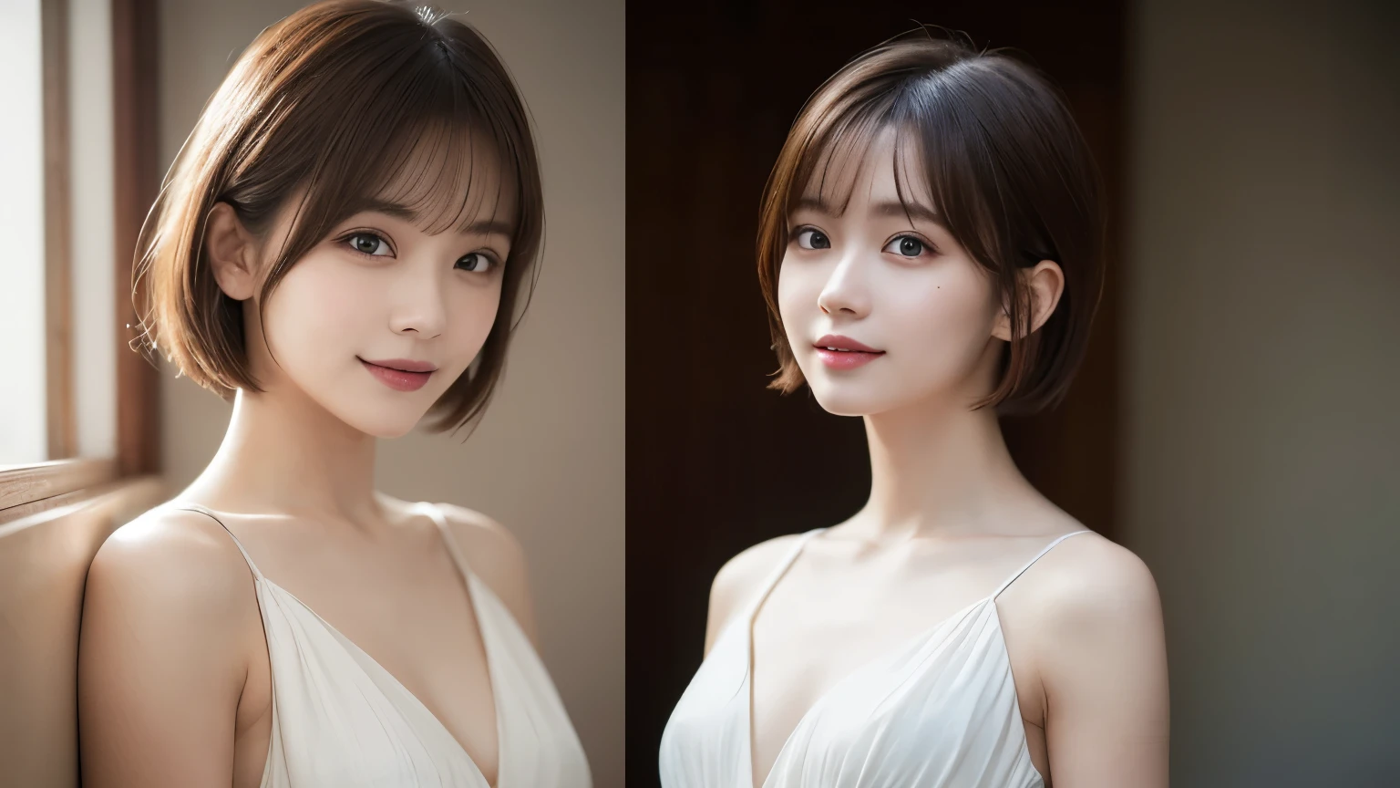 One Girl, (Dress in trendy fashion:1.2), (RAW Photos, highest quality), (Realistic, Photorealistic:1.4), Tabletop, Very delicate and beautiful, Very detailed, 2k wallpaper, wonderful, In detail, Very detailedな CG Unity 8K 壁紙, Very detailedな, High resolution, Soft Light, Beautiful detailed girl, looking at the camera、Very detailedな目と顔, Beautifully detailed nose, Beautiful fine details, short hair, small, White Dress、White background、Background is white、Cinema Lighting, Perfect Anatomy, Slender body, smile,
