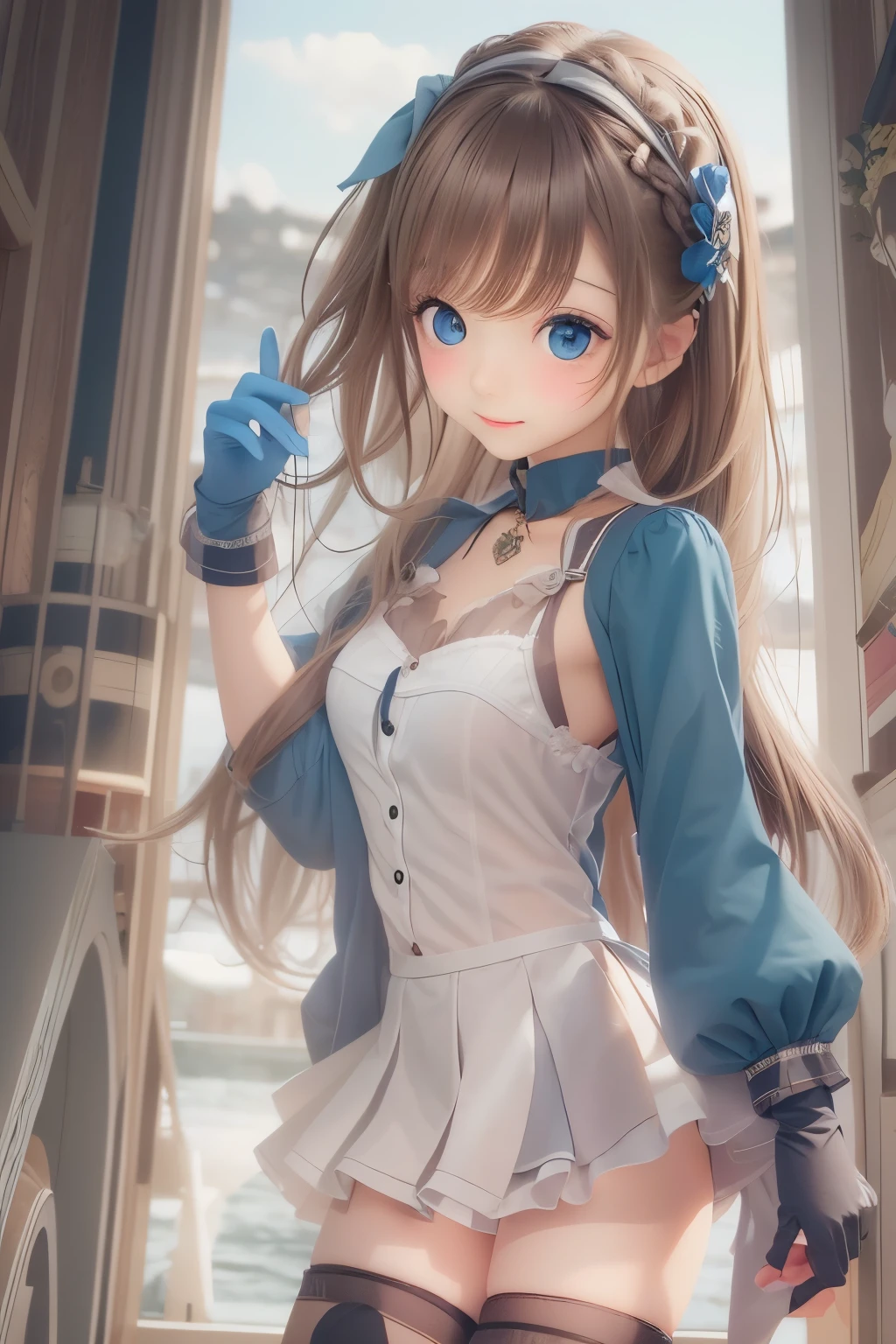 detailed face, cute face,brown eye, ((highest quality)), ((masterpiece)), ((1 girl)), alone, ferry, ((long hair)), ferryBase, ((Thighhighs)), bare shoulders, ((jewelry)), ((No sleeve)), white dress, blue skirt, ((gloves)), thigh height,