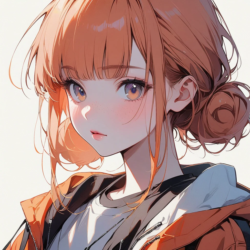 Girl, slim, pale skin, light hazel eyes, freckles, pastel orange hair, ginger, straight bangs, low buns, beautiful, tiny buns, thick bangs, face close-up