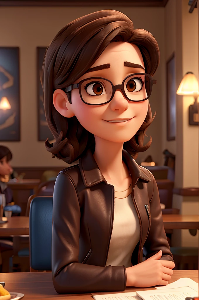 A woman, intelligent, wearing dark sunglasses, with short shoulder-length dark brown hair, sitting at a diner table, cultured, with a neutral expression on her face, wearing a leather jacket. (best quality, ultra-detailed), (realistic), (vivid colors), (portrait), (concept artists), (warm color tone), (soft lighting).