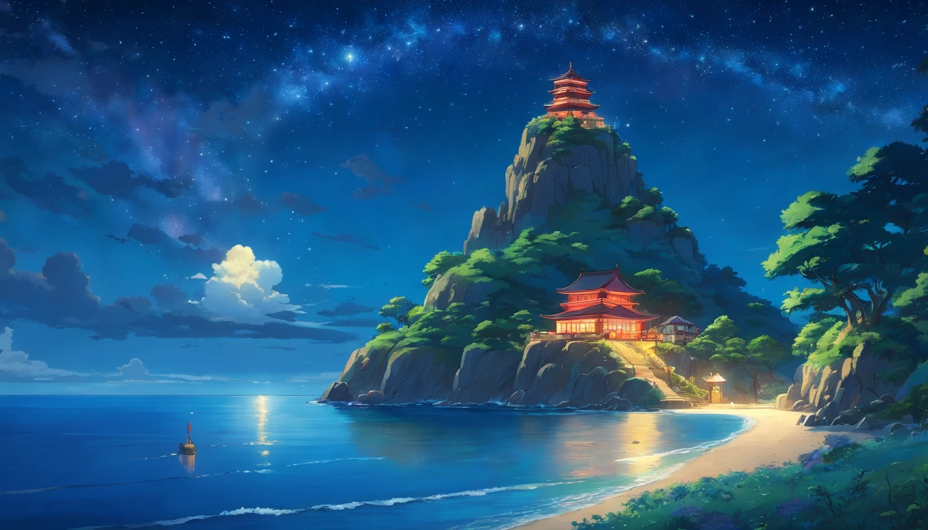 lone isle, starry sky, vast ocean, night, small secluded lone temple, serene