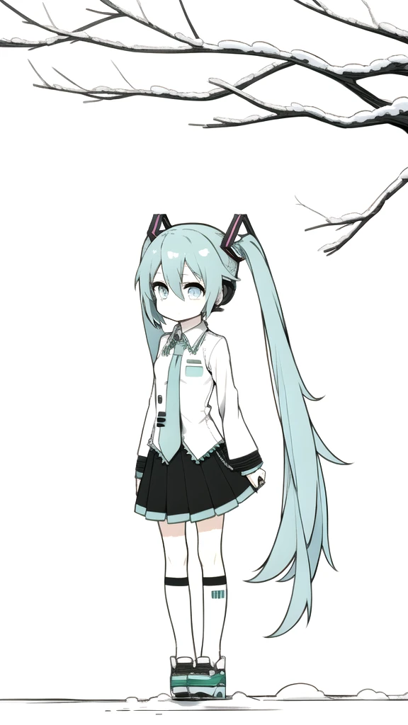 best quality, chibi, 1 girl, miku, Hatsune Miku, (full body), Pure white background,Vivid,clearly,sad face,rain,Walking,snow