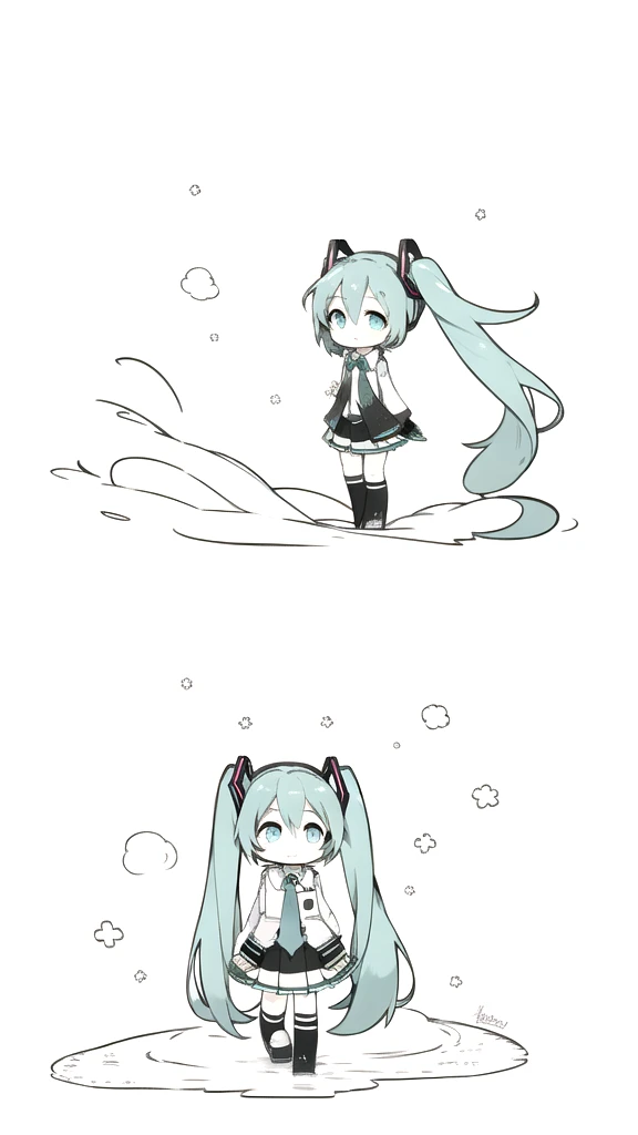best quality, chibi, 1 girl, miku, Hatsune Miku, (full body), Pure white background,Vivid,clearly,sad face,rain,Walking,snow