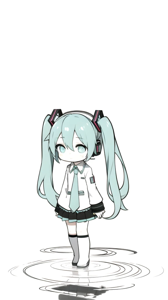 best quality, chibi, 1 girl, miku, Hatsune Miku, (full body), Pure white background,Vivid,clearly,sad face,rain,Walking,snow