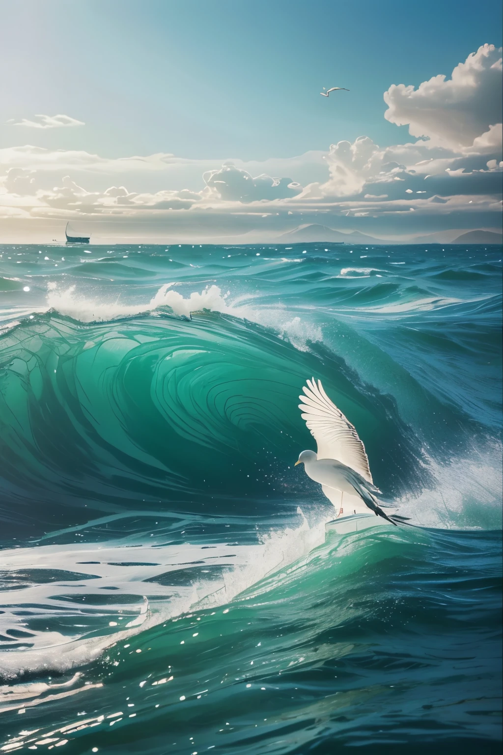 Photography,International Awards,Waves,Award-winning works of photography masters,蓝天White Cloud,White Cloud,Sea,Boat,Distant Mountains,Seagull,Canon Camera