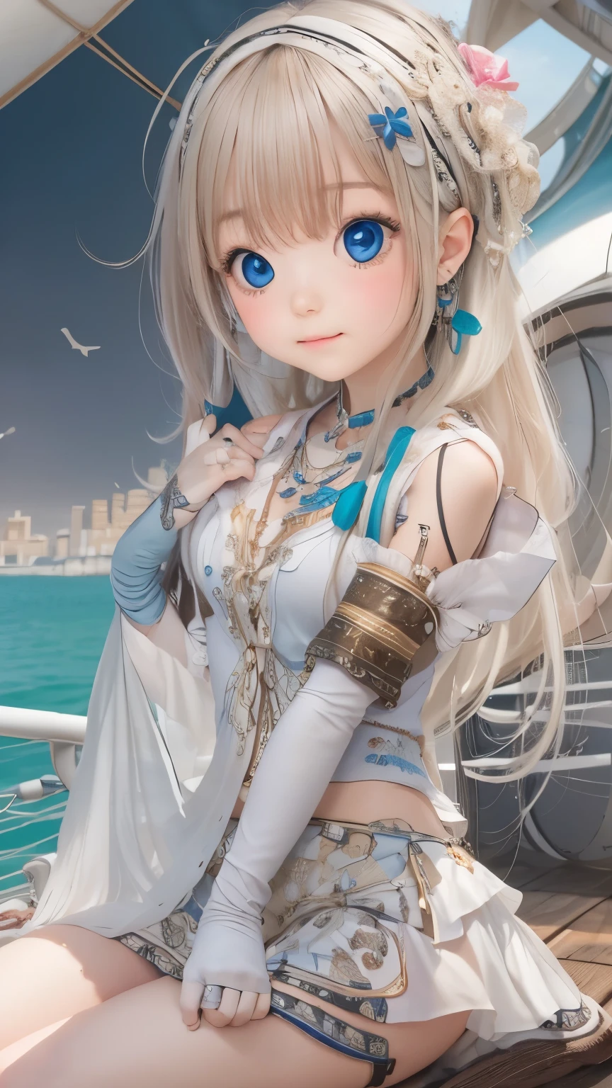 detailed face, cute face,brown eye, ((highest quality)), ((masterpiece)), ((1 girl)), alone, ferry, ((long hair)), ferryBase, ((Thighhighs)), bare shoulders, ((jewelry)), ((No sleeve)), white dress, blue skirt, ((gloves)), thigh height,