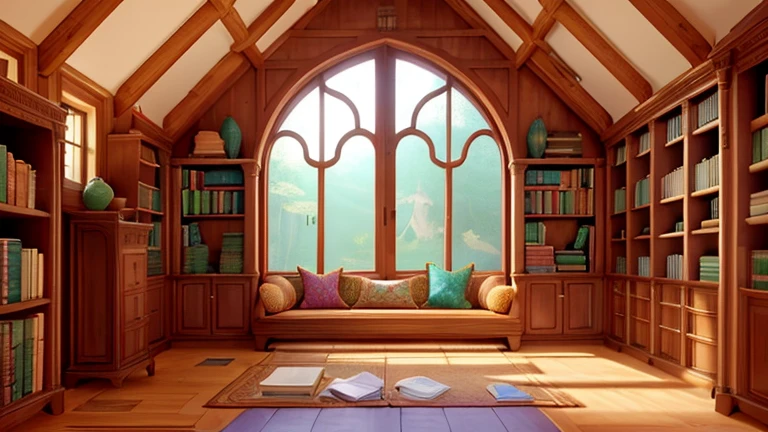 Picture a cozy library nestled within a magical forest. The library is housed in a whimsical building, adorned with swirling vines and colorful flowers. Inside, shelves upon shelves are filled with books of all shapes and sizes, their spines gleaming with enchantment. Some books float in mid-air, while others rest on ornate wooden tables or cozy reading nooks adorned with plush cushions. Sunlight streams through stained glass windows, casting colorful patterns on the floor. The air is alive with the scent of ancient parchment and the gentle rustle of turning pages. This magical library is a sanctuary for book lovers and adventurers alike, offering endless opportunities for exploration and discovery.