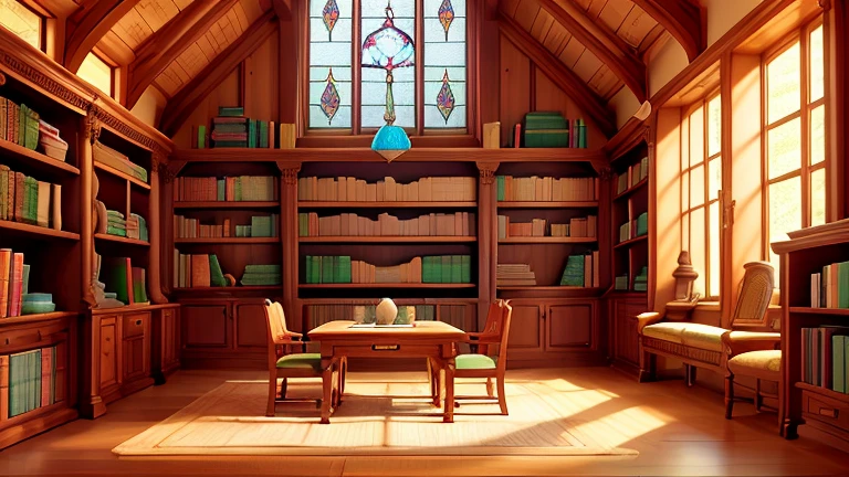Picture a cozy library nestled within a magical forest. The library is housed in a whimsical building, adorned with swirling vines and colorful flowers. Inside, shelves upon shelves are filled with books of all shapes and sizes, their spines gleaming with enchantment. Some books float in mid-air, while others rest on ornate wooden tables or cozy reading nooks adorned with plush cushions. Sunlight streams through stained glass windows, casting colorful patterns on the floor. The air is alive with the scent of ancient parchment and the gentle rustle of turning pages. This magical library is a sanctuary for book lovers and adventurers alike, offering endless opportunities for exploration and discovery.