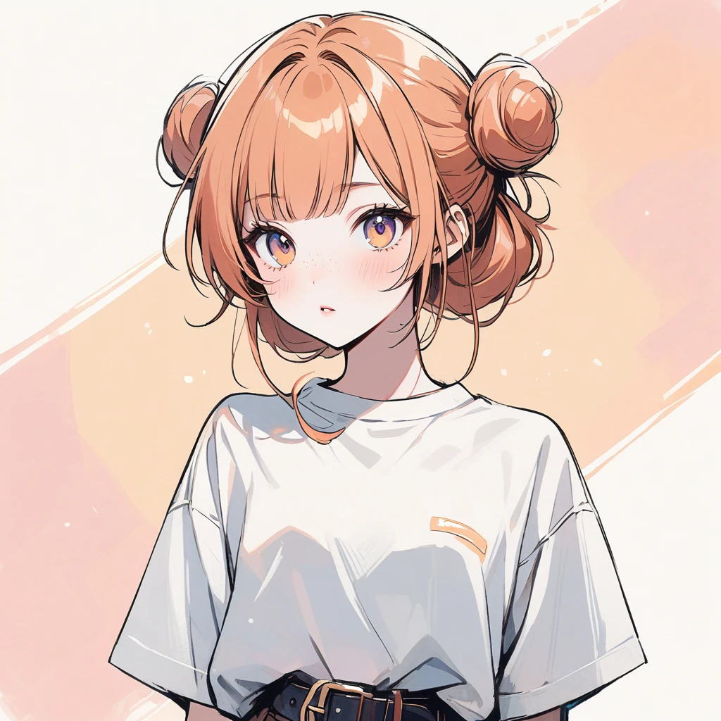 Girl, slim, pale skin, light hazel eyes, freckles, pastel orange hair, ginger, straight bangs, low buns, beautiful, tiny buns, thick bangs