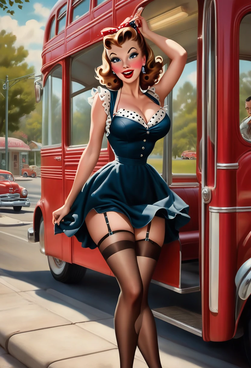 Transport yourself to a retro bus stop scene from the 1950s, where a glamorous pin-up girl finds herself in a playful predicament. The image captures a moment where the pin-up girl, adorned in a chic polka-dot dress, stockings with suspenders (straps), and high heels, is standing at the bus stop, A sudden gust of wind sweeps through, causing the girl's petticoat to billow up dramatically. The wind reveals a glimpse of her lacy ruffled panties and garter straps attached to her stockings. With a mix of surprise and amusement, the pin-up girl desperately tries to hold down her petticoat, showcasing a playful struggle against the mischievous wind.,The vintage bus stop features classic signage and benches, adding to the nostalgic setting. In the background, old-fashioned buses and pedestrians in retro attire contribute to the lively ambiance of the era. The image exudes a whimsical and flirtatious mood, capturing the essence of 1950s pin-up charm. The playful interaction between the pin-up girl and the wind adds a sense of light-hearted fun and nostalgia. This scene invites viewers to appreciate the timeless allure and cheeky elegance of vintage pin-up aesthetics., in the art style of gil elvgren, vintage_p_style,Ballantyne, Retro Fashion style, 1950s, a painting of a woman