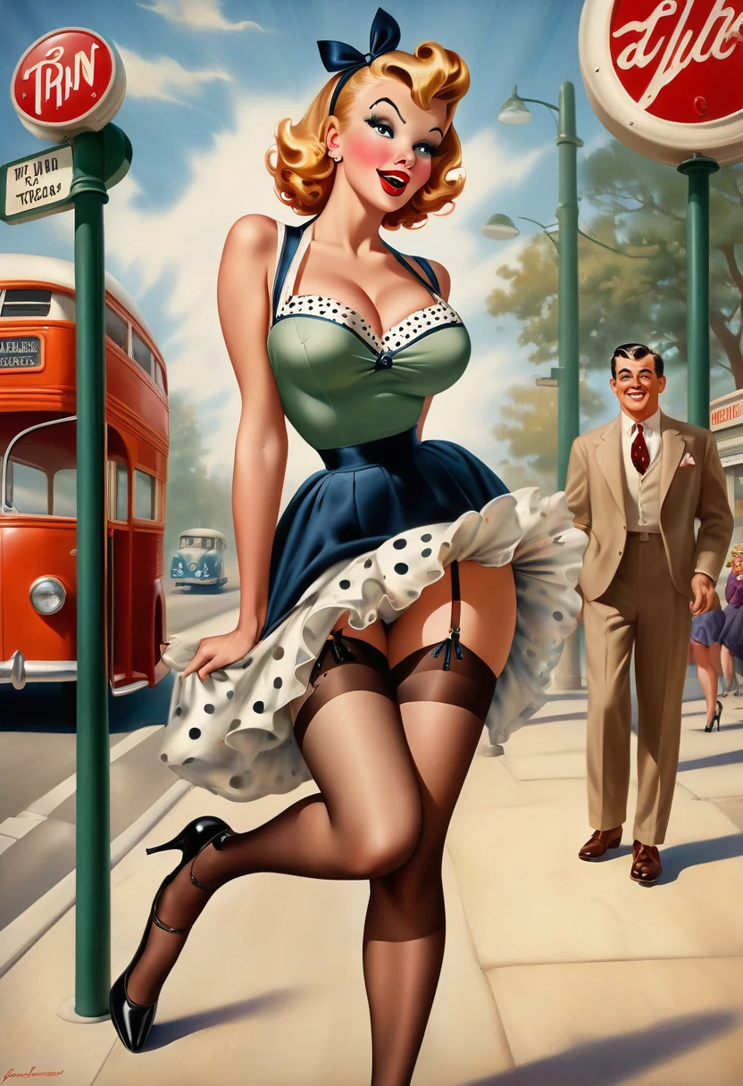 Transport yourself to a retro bus stop scene from the 1950s, where a glamorous pin-up girl finds herself in a playful predicament. The image captures a moment where the pin-up girl, adorned in a chic polka-dot dress, stockings with suspenders (straps), and high heels, is standing at the bus stop, A sudden gust of wind sweeps through, causing the girl's petticoat to billow up dramatically. The wind reveals a glimpse of her lacy ruffled panties and garter straps attached to her stockings. With a mix of surprise and amusement, the pin-up girl desperately tries to hold down her petticoat, showcasing a playful struggle against the mischievous wind.,The vintage bus stop features classic signage and benches, adding to the nostalgic setting. In the background, old-fashioned buses and pedestrians in retro attire contribute to the lively ambiance of the era. The image exudes a whimsical and flirtatious mood, capturing the essence of 1950s pin-up charm. The playful interaction between the pin-up girl and the wind adds a sense of light-hearted fun and nostalgia. This scene invites viewers to appreciate the timeless allure and cheeky elegance of vintage pin-up aesthetics., in the art style of gil elvgren, vintage_p_style,Ballantyne, Retro Fashion style, 1950s, a painting of a woman