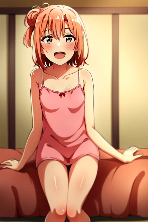 ((highest quality)), ((masterpiece)), (be familiar with), Perfect Face, indoor, Bedroom, Watching the audience,
One woman, Yuigahama Yui,
Open Mouth, Ecstatic expression, blush, smile,
Small breasts, Flat Chest, Young Girl, , , Girl,
Short Hair, Salmon-colored hair, Salmon-colored eyes, Side Pony,
Leg spread,