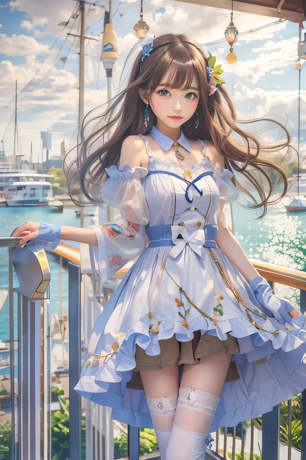 detailed face, cute face,brown eye, ((highest quality)), ((masterpiece)), ((1 girl)), alone, ferry, ((long hair)), ferryBase, ((Thighhighs)), bare shoulders, ((jewelry)), ((No sleeve)), white dress, blue skirt, ((gloves)), thigh height,