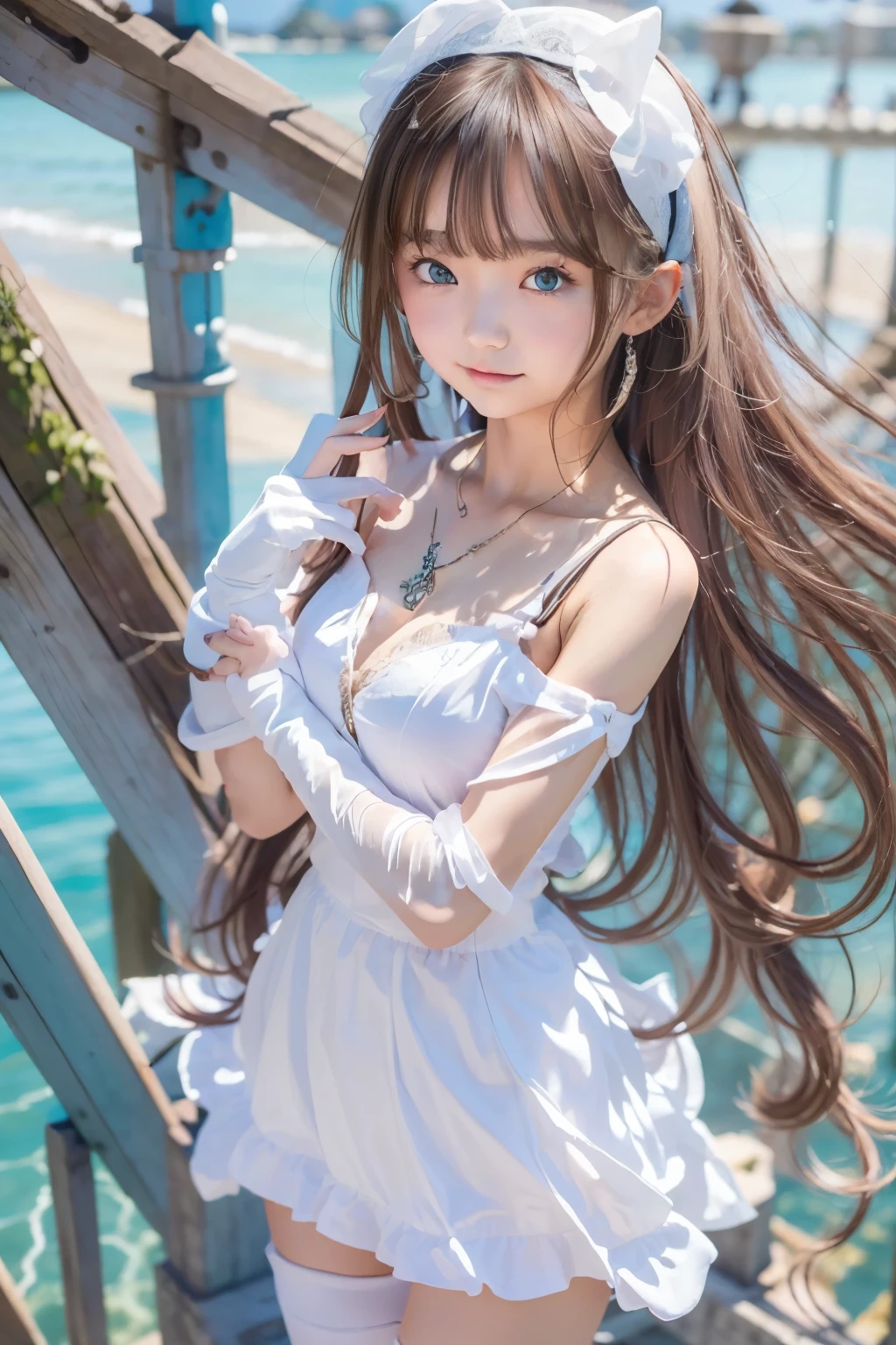 detailed face, cute face,brown eye, ((highest quality)), ((masterpiece)), ((1 girl)), alone, ferry, ((long hair)), ferryBase, ((Thighhighs)), bare shoulders, ((jewelry)), ((No sleeve)), white dress, blue skirt, ((gloves)), thigh height,