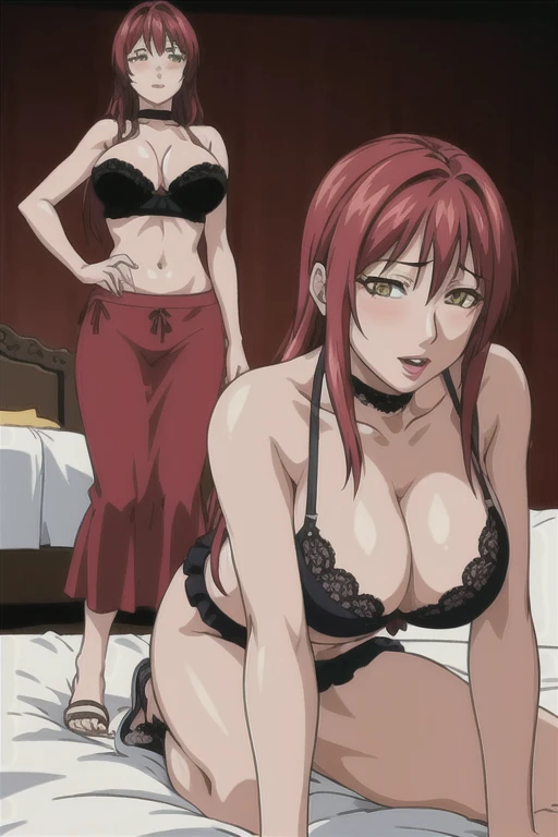 masterpiece, best quality, highres, 1 girls, black lace bra, micro ruffle skirt, bedroom, full body shot, (smug:0.3), looking at viewer, focus solo, sexy pose, mature, flip flops, detailed feet, busty, cleavage, redhead, seductive, dangling shoes, red eyeshadow, glossy lips, black choker, long hair, in bed, complete body, seducing, yellow eyes, blush, sexy legs, honey skin tone, dancing, sexy, bellydance, 