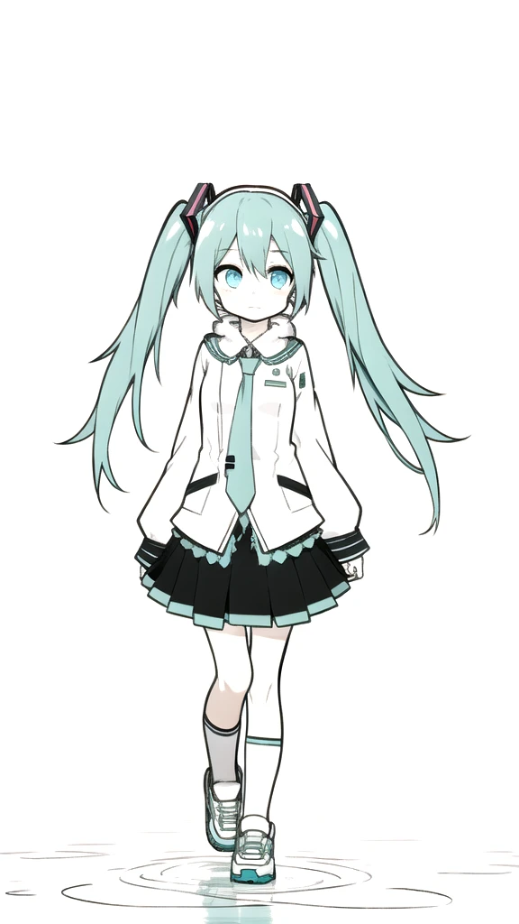 best quality, chibi, 1 girl,  miku, Hatsune Miku, (full body), Pure white background,Vivid,clearly,sad face,rain,Walking,snow