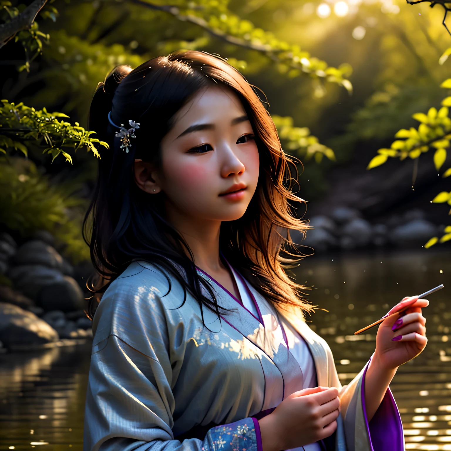 extra layer of serenity and harmony to the scene. The Japanese girl wears a traditional kimono, its delicate fabric flowing gracefully around her body. The colors of the kimono blend harmoniously with the colors of the river and the trees, creating a sense of unity and balance. The details of the kimono are meticulously painted, from the intricate patterns to the subtle textures and folds. The image is captured in high resolution, with every detail rendered in exquisite detail. The dynamic lighting casts gentle shadows on the girl's face, adding depth and dimension to the image. The atmosphere is peaceful and calming, inviting the viewer to lose themselves in the beauty and tranqu