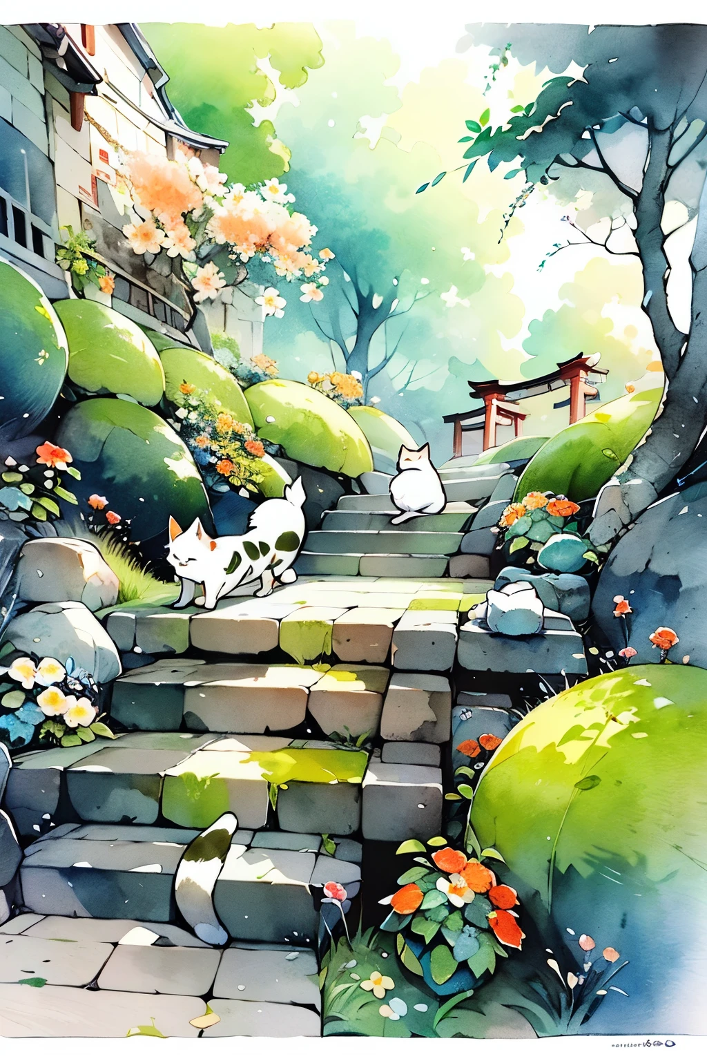 torii,no humans,cat,outdoors,stairs,plant,grass,flower,tree,watercolor \(medium\),