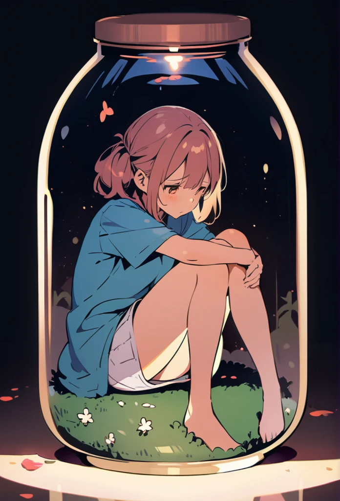 fairy girl, in terarium bottle,sitting, holding knees, sad,