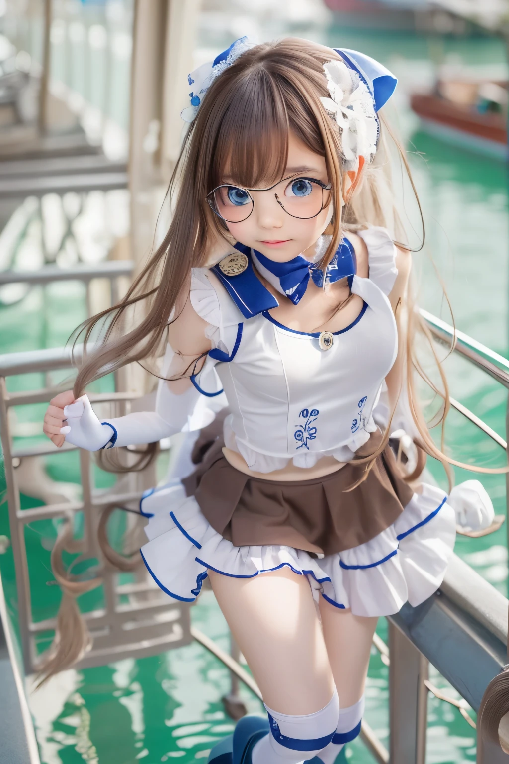 detailed face, cute face,brown eye, ((highest quality)), ((masterpiece)), ((1 girl)), alone, ferry, ((long hair)), ferryBase, ((Thighhighs)), bare shoulders, ((jewelry)), ((No sleeve)), white dress, blue skirt, ((gloves)), thigh height,