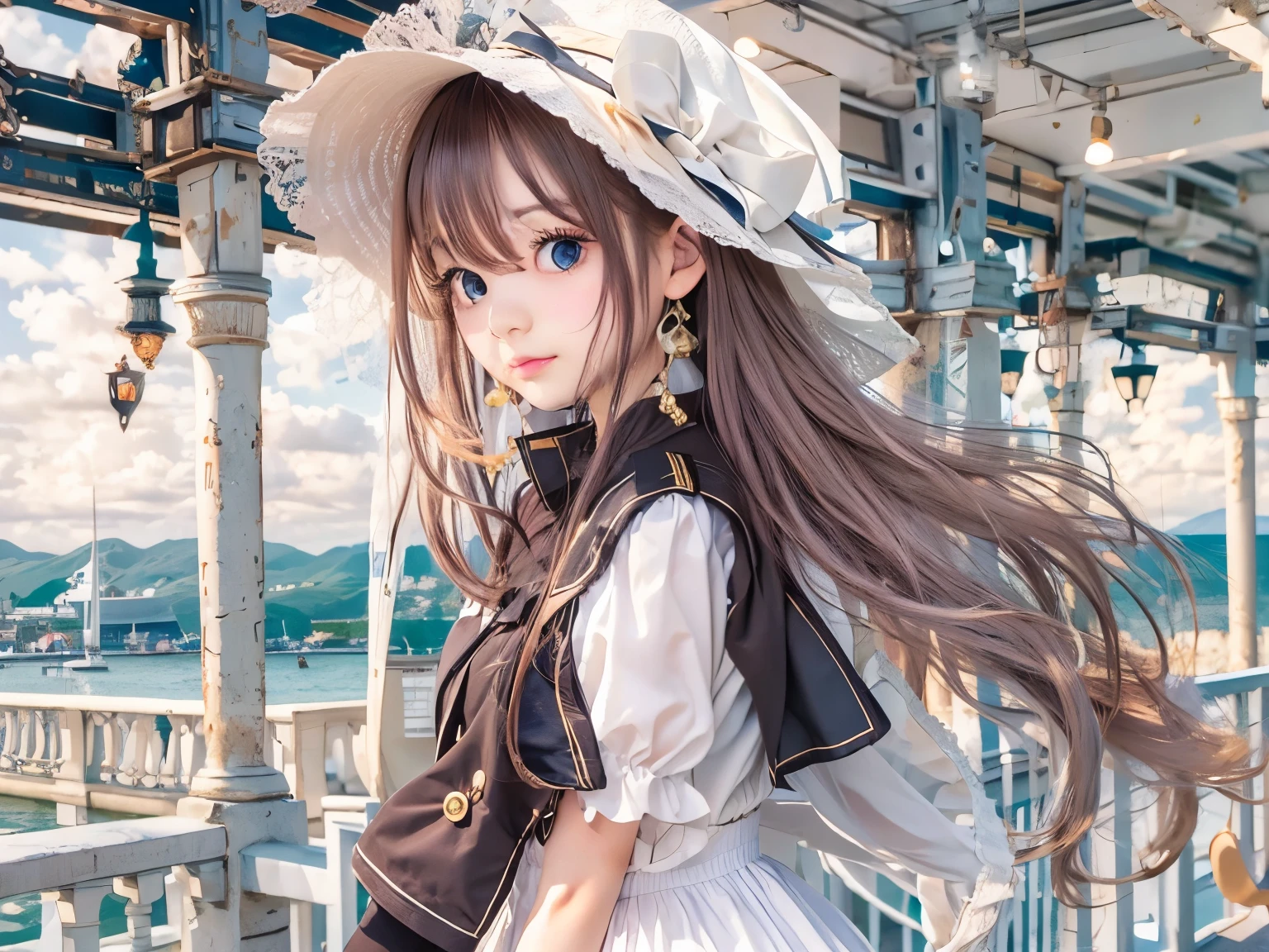 detailed face, cute face,brown eye, ((highest quality)), ((masterpiece)), ((1 girl)), alone, ferry, ((long hair)), ferryBase, ((Thighhighs)), bare shoulders, ((jewelry)), ((No sleeve)), white dress, blue skirt, ((gloves)), thigh height,