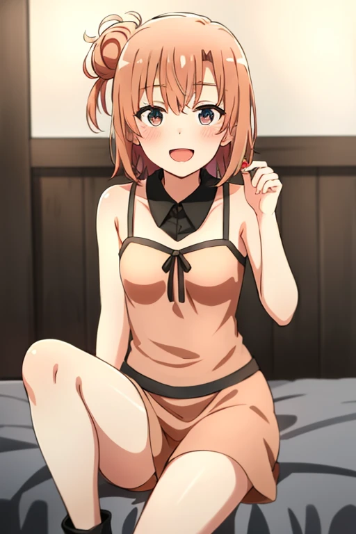 ((highest quality)), ((masterpiece)), (be familiar with), Perfect Face, indoor, Bedroom, Watching the audience,
One woman, Yuigahama Yui,
Open Mouth, Ecstatic expression, blush, smile,
Small breasts, Flat Chest, Young Girl, , , Girl,
Short Hair, Salmon-colored hair, Salmon-colored eyes, Side Pony,
Leg spread,