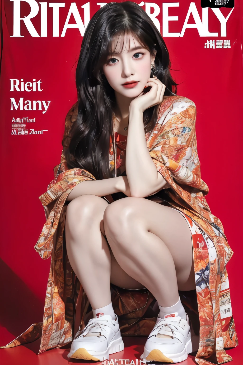 best quality, works of masters, high resolution, 1 girl, What a beautiful face., really beautiful eyes, really beautiful hair,trendy clothing magazine cover,Sexy and AttrActive,Color Explosion,black hair,full body slang,squat
