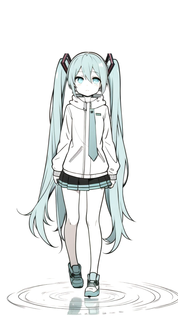 best quality, chibi, 1 girl, miku, Hatsune Miku, (full body), Pure white background,Vivid,clearly,sad face,rain,Walking,snow