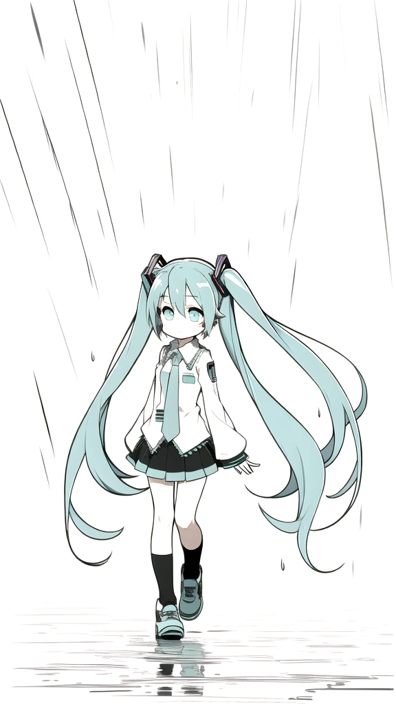 best quality, chibi, 1 girl,  miku, Hatsune Miku, (full body), Pure white background,Vivid,clearly,sad face,rain,Walking,snow