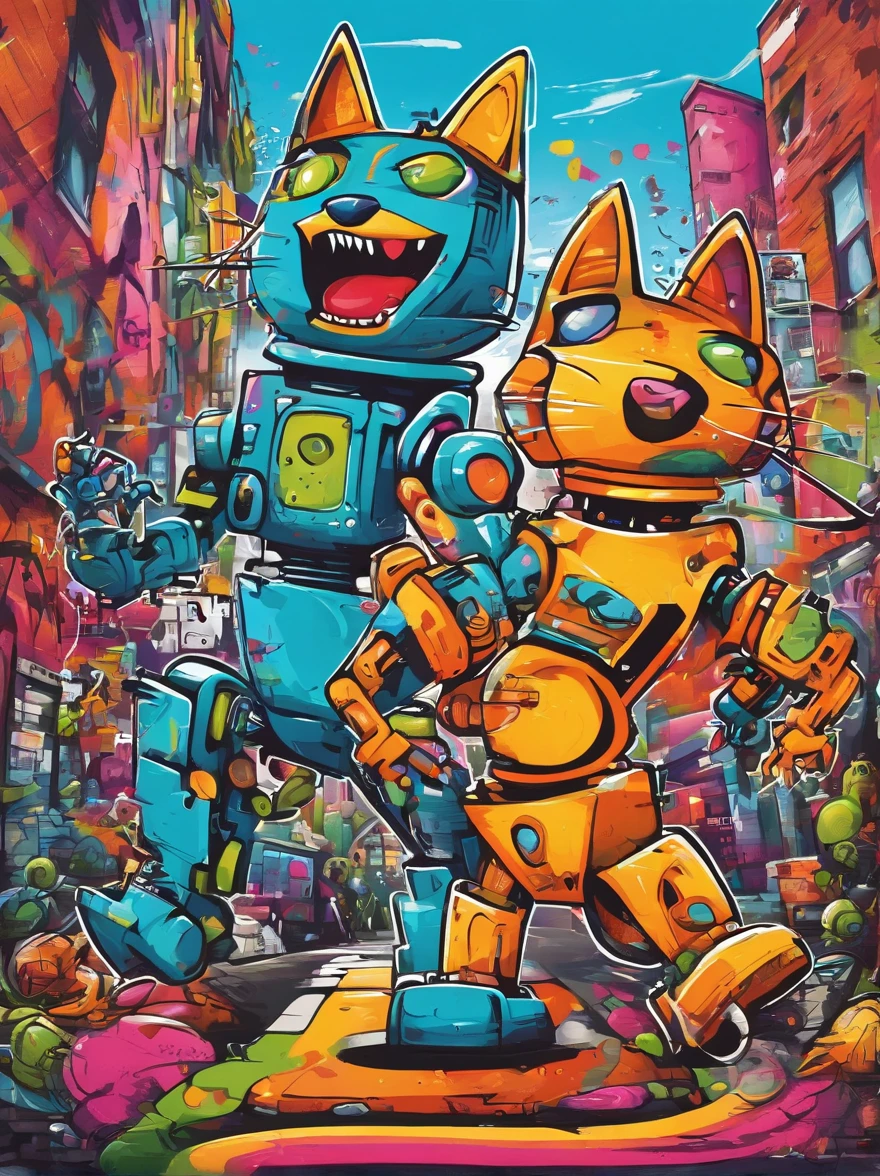 Funny image of colorful dog and cat robots dancing happily