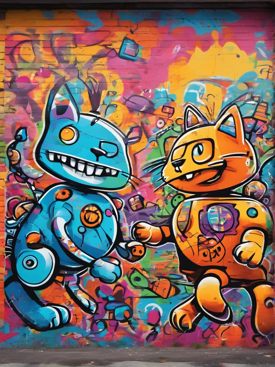 Funny image of colorful dog and cat robots dancing happily
