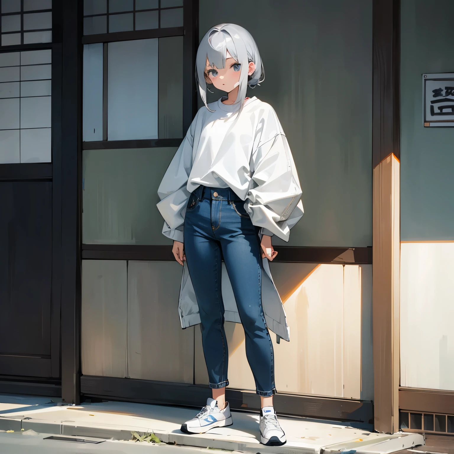 Japanese、Gray Hair、Looks timid、Standing there doing nothing、Girl、jeans、White shirt、Jacket、sneakers、Full body portrait
