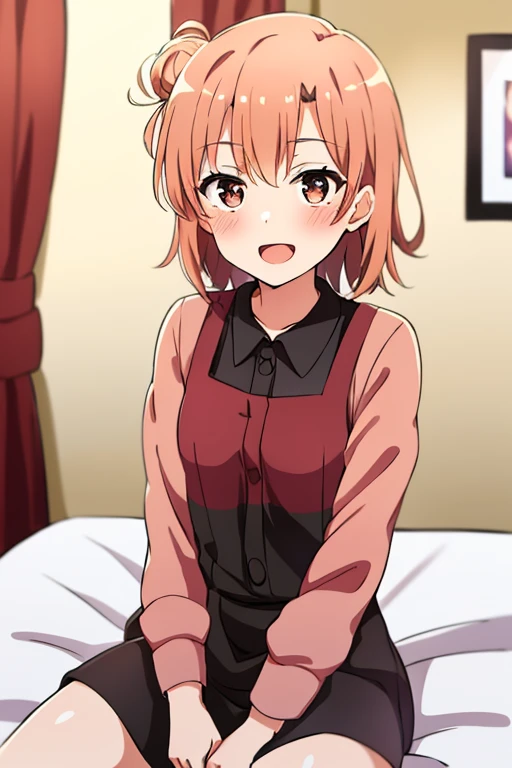 ((highest quality)), ((masterpiece)), (be familiar with), Perfect Face, indoor, Bedroom, Watching the audience,
One woman, Yuigahama Yui,
Open Mouth, Ecstatic expression, blush, smile,
Small breasts, Flat Chest, Young Girl, , , Girl,
Short Hair, Salmon-colored hair, Salmon-colored eyes, Side Pony,
Leg spread,