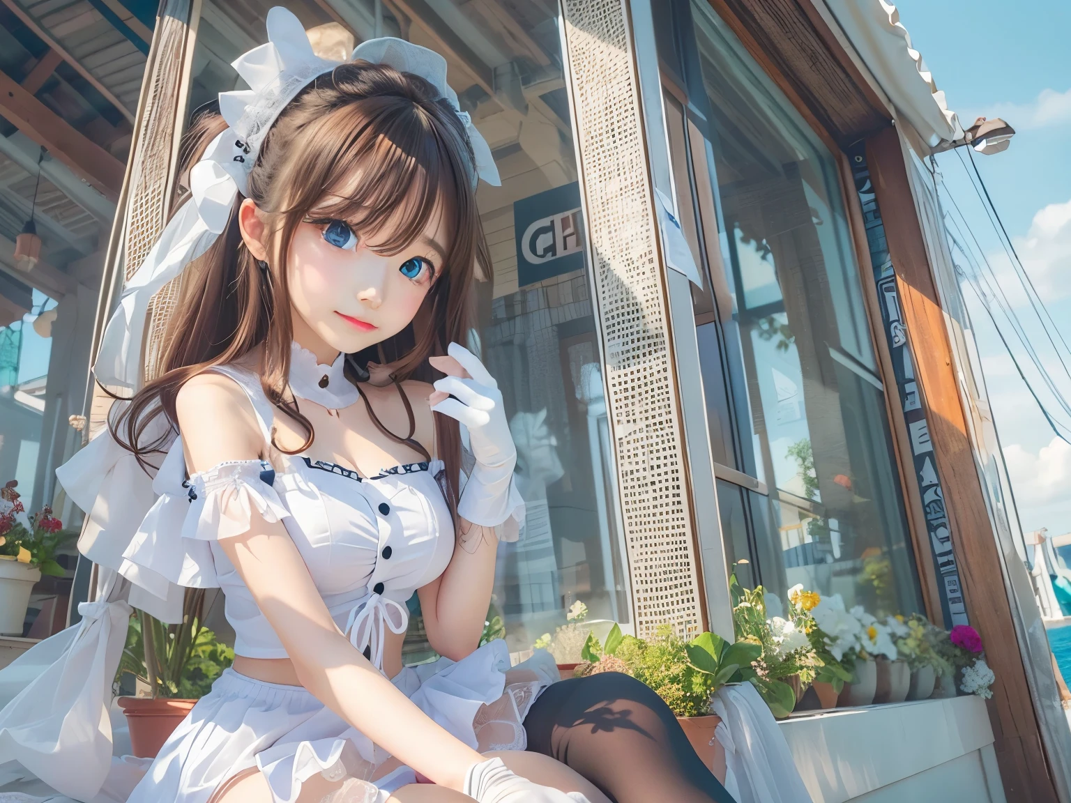 detailed face, cute face,brown eye, ((highest quality)), ((masterpiece)), ((1 girl)), alone, ferry, ((long hair)), ferryBase, ((Thighhighs)), ???? shoulders, ((jewelry)), ((No sleeve)), white dress, blue skirt, ((gloves)), thigh height,